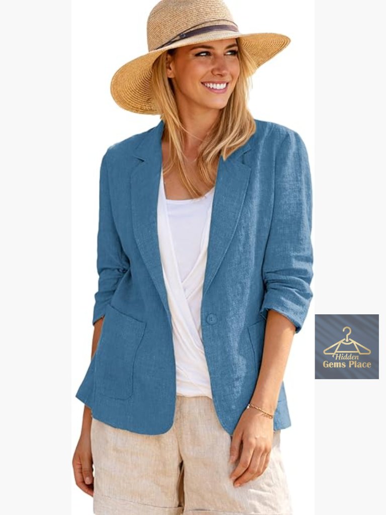Women's Linen Blazer - Lightweight 3/4 Ruched Sleeve Casual Work